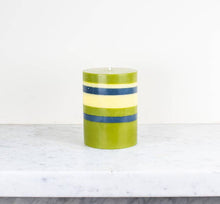 10 cm Small STRIPED Olive, Indigo and Jasmine Pillar Candle
