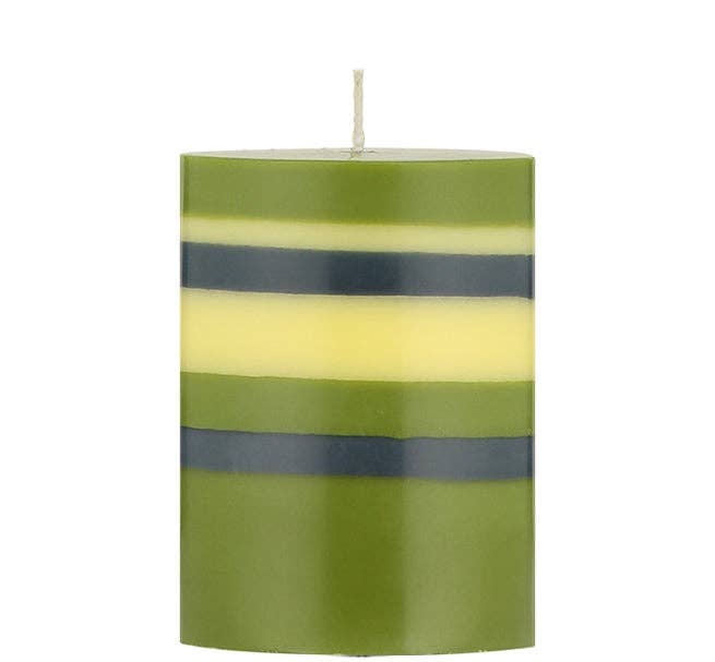 10 cm Small STRIPED Olive, Indigo and Jasmine Pillar Candle