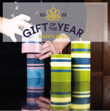 10 cm Small STRIPED Rose Pink, Indigo and Pompadour Pillar Candle