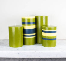 10 cm Small STRIPED Olive, Indigo and Jasmine Pillar Candle