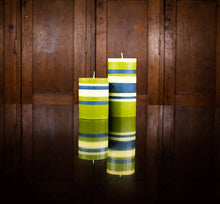 10 cm Small STRIPED Olive, Indigo and Jasmine Pillar Candle