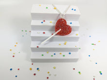 Lollipop heart necklace on acrylic with silver plated chain