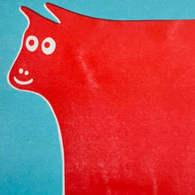 Cow Art Print in Red and Light Blue Ink