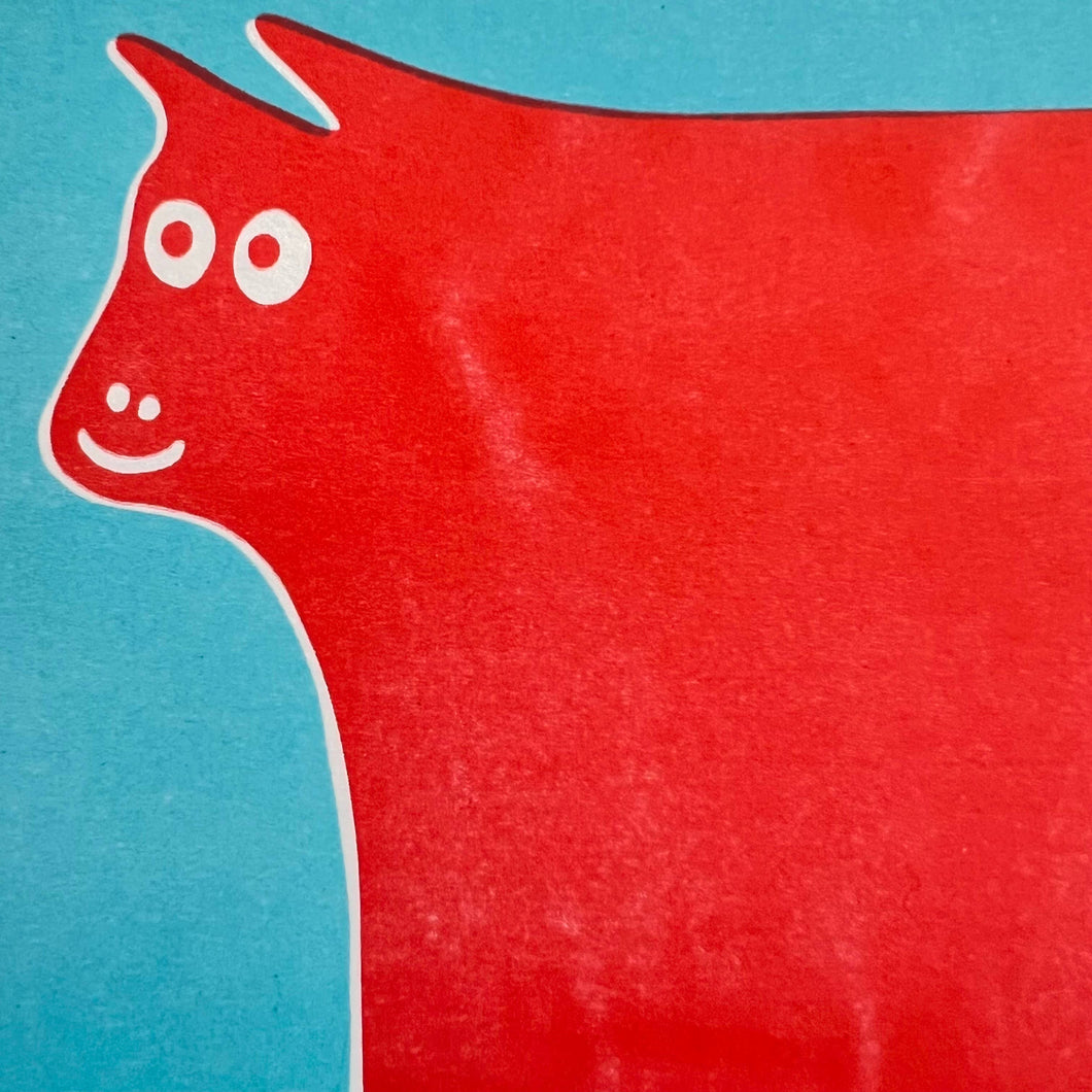 Cow Art Print in Red and Light Blue Ink