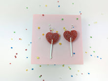 Heart lollipop earrings on acrylic and Sterling silver hoops
