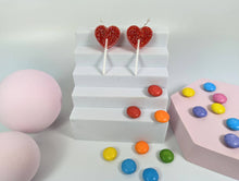 Heart lollipop earrings on acrylic and Sterling silver hoops