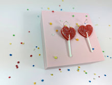 Heart lollipop earrings on acrylic and Sterling silver hoops