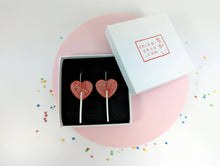 Heart lollipop earrings on acrylic and Sterling silver hoops