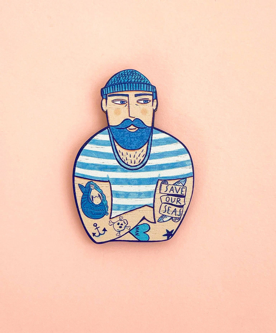 Wooden Tattooed Sailor Brooch