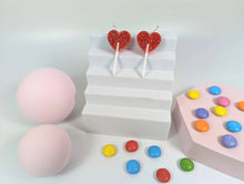 Heart lollipop earrings on acrylic and Sterling silver hoops