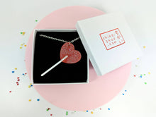 Lollipop heart necklace on acrylic with silver plated chain