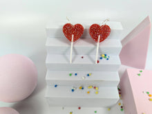 Heart lollipop earrings on acrylic and Sterling silver hoops