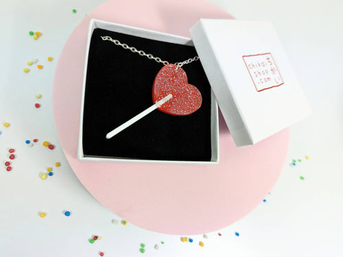 Lollipop heart necklace on acrylic with silver plated chain