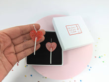 Heart lollipop earrings on acrylic and Sterling silver hoops