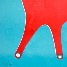 Cow Art Print in Red and Light Blue Ink