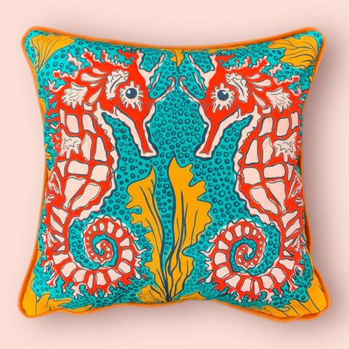 Seahorse Cushion Cover - Orange/Teal