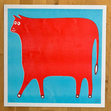 Cow Art Print in Red and Light Blue Ink