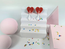 Heart lollipop earrings on acrylic and Sterling silver hoops