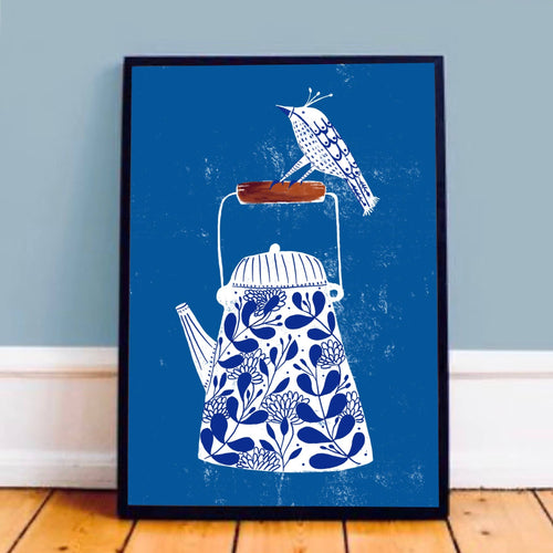 Birds on a flower teapot blue print by Carol Hillman