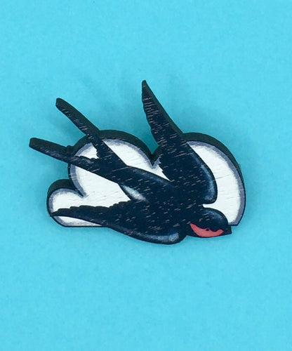 Swallow Wooden Pin Brooch / Nautical Tattoo Pin Badge